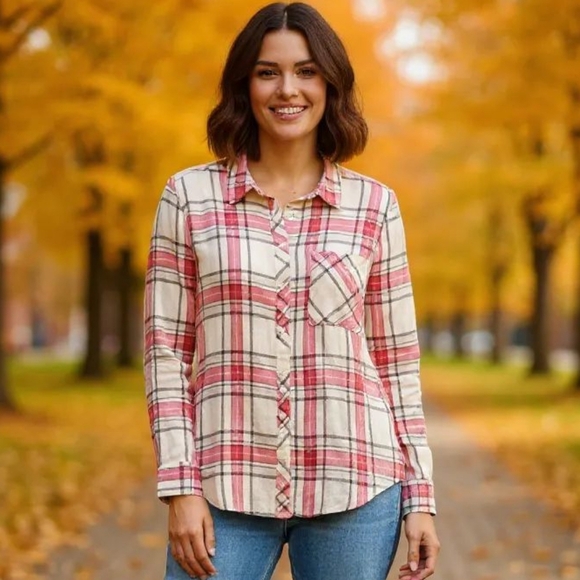 Arizona Jean CO. - Button Up Flannel Plaid Shirt, Boyfriend Fit, Long Sleeves - Picture 1 of 2